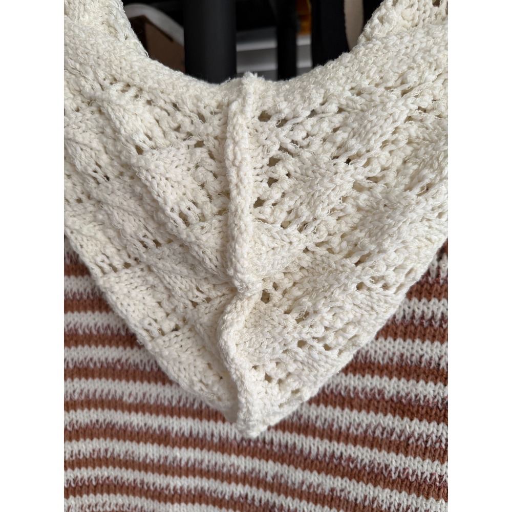 BKE Striped Hooded Knit Sweater Large Cream Rust Boho Coastal Crochet Detail - Picture 3 of 6
